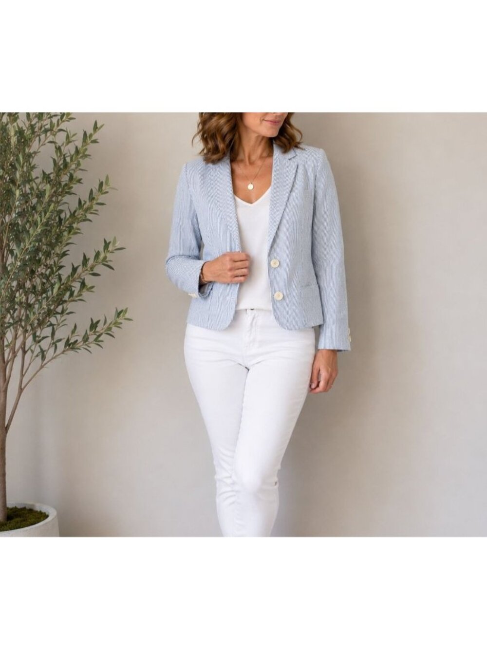 Talbots Blue White Seersucker Striped Blazer Jacket Preppy Coastal 2P